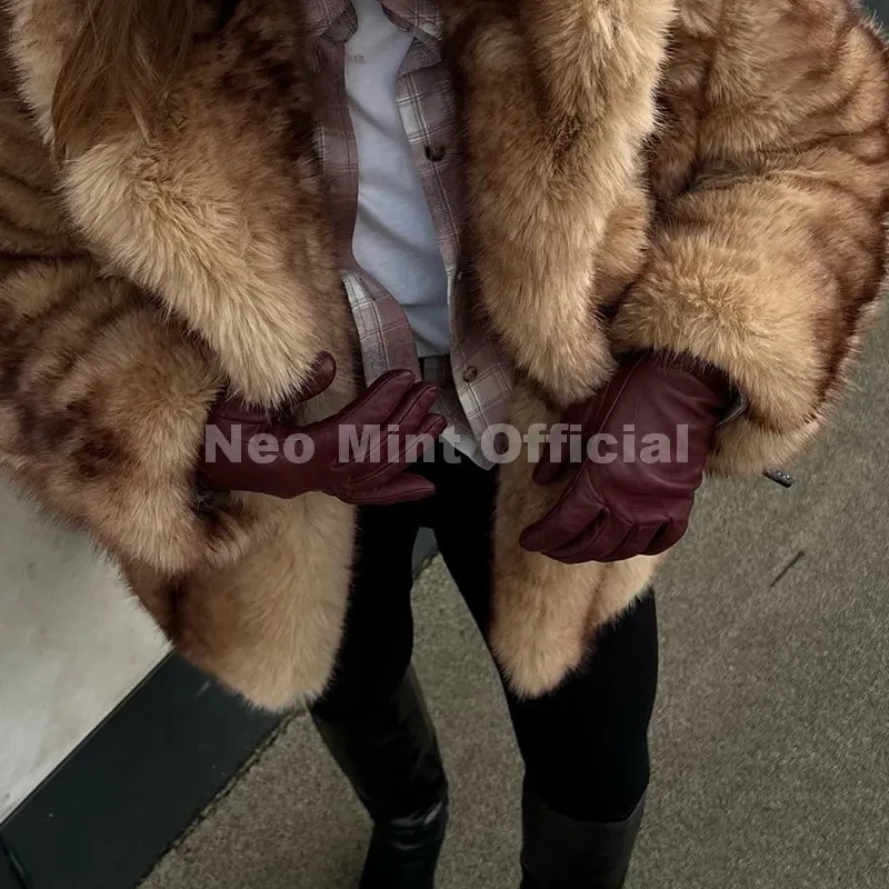 Neo Mint Luxury Brand Fashion Women Yellow Striped Faux Fur Jacket Coat Chic Girls 2025 Winter Oversized Warm Outerwear Overcoat