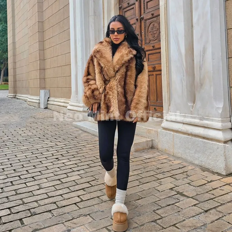 Neo Mint Luxury Brand Fashion Women Yellow Striped Faux Fur Jacket Coat Chic Girls 2025 Winter Oversized Warm Outerwear Overcoat