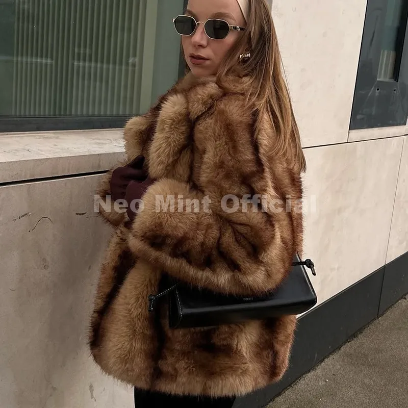 Neo Mint Luxury Brand Fashion Women Yellow Striped Faux Fur Jacket Coat Chic Girls 2025 Winter Oversized Warm Outerwear Overcoat