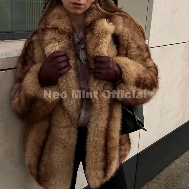 Neo Mint Luxury Brand Fashion Women Yellow Striped Faux Fur Jacket Coat Chic Girls 2025 Winter Oversized Warm Outerwear Overcoat