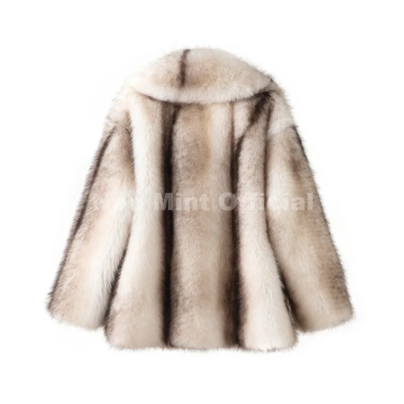 Neo Mint Luxury Brand Fashion Women Yellow Striped Faux Fur Jacket Coat Chic Girls 2025 Winter Oversized Warm Outerwear Overcoat