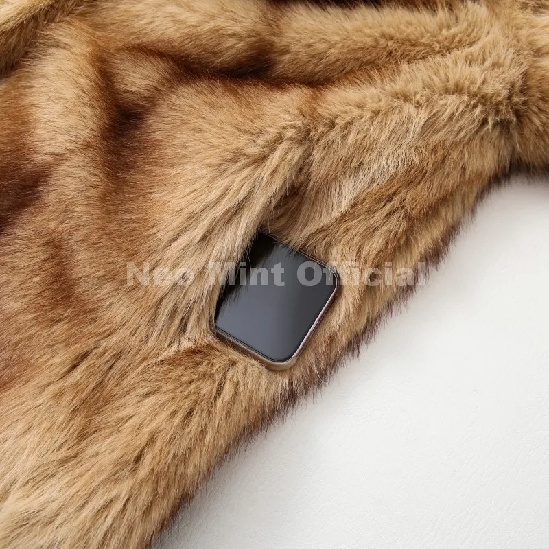 Neo Mint Luxury Brand Fashion Women Yellow Striped Faux Fur Jacket Coat Chic Girls 2025 Winter Oversized Warm Outerwear Overcoat