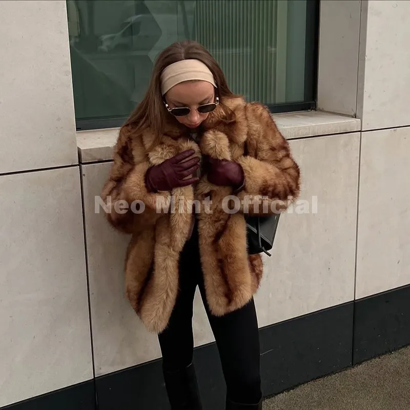Neo Mint Luxury Brand Fashion Women Yellow Striped Faux Fur Jacket Coat Chic Girls 2025 Winter Oversized Warm Outerwear Overcoat