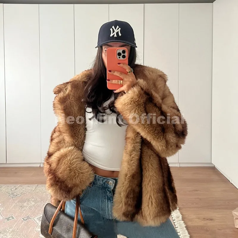 Neo Mint Luxury Brand Fashion Women Yellow Striped Faux Fur Jacket Coat Chic Girls 2025 Winter Oversized Warm Outerwear Overcoat