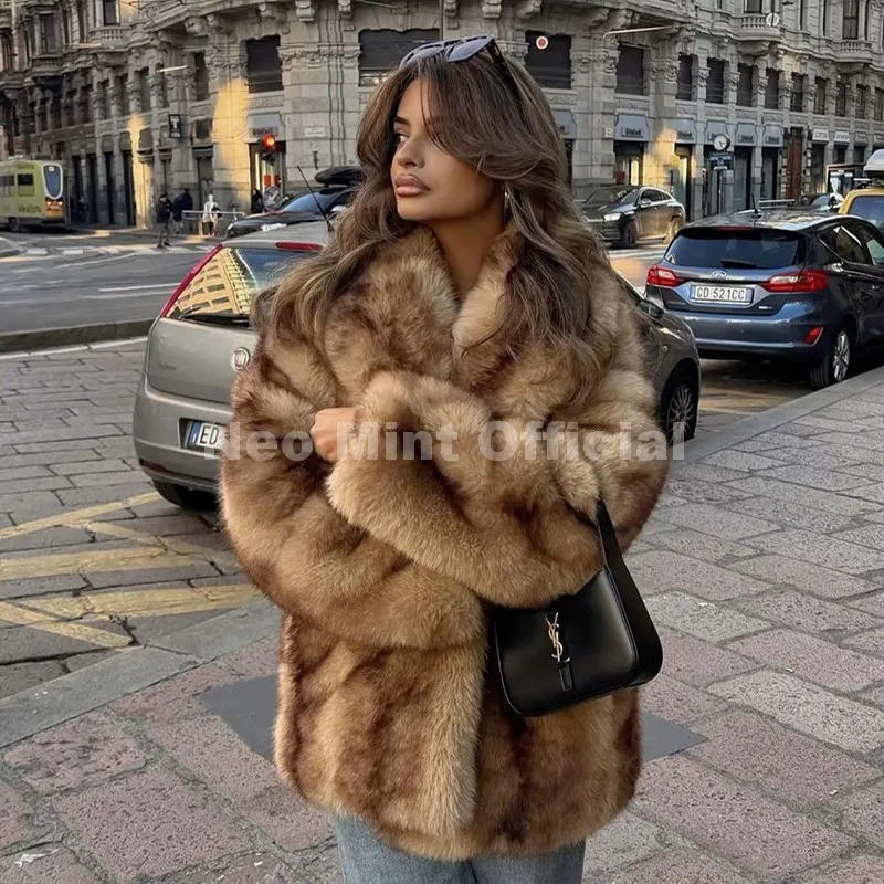 Neo Mint Luxury Brand Fashion Women Yellow Striped Faux Fur Jacket Coat Chic Girls 2025 Winter Oversized Warm Outerwear Overcoat