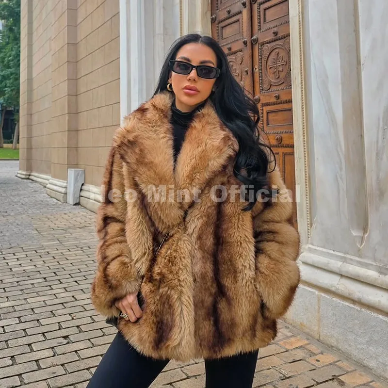 Neo Mint Luxury Brand Fashion Women Yellow Striped Faux Fur Jacket Coat Chic Girls 2025 Winter Oversized Warm Outerwear Overcoat