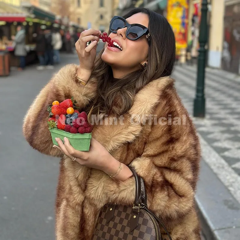 Neo Mint Luxury Brand Fashion Women Yellow Striped Faux Fur Jacket Coat Chic Girls 2025 Winter Oversized Warm Outerwear Overcoat