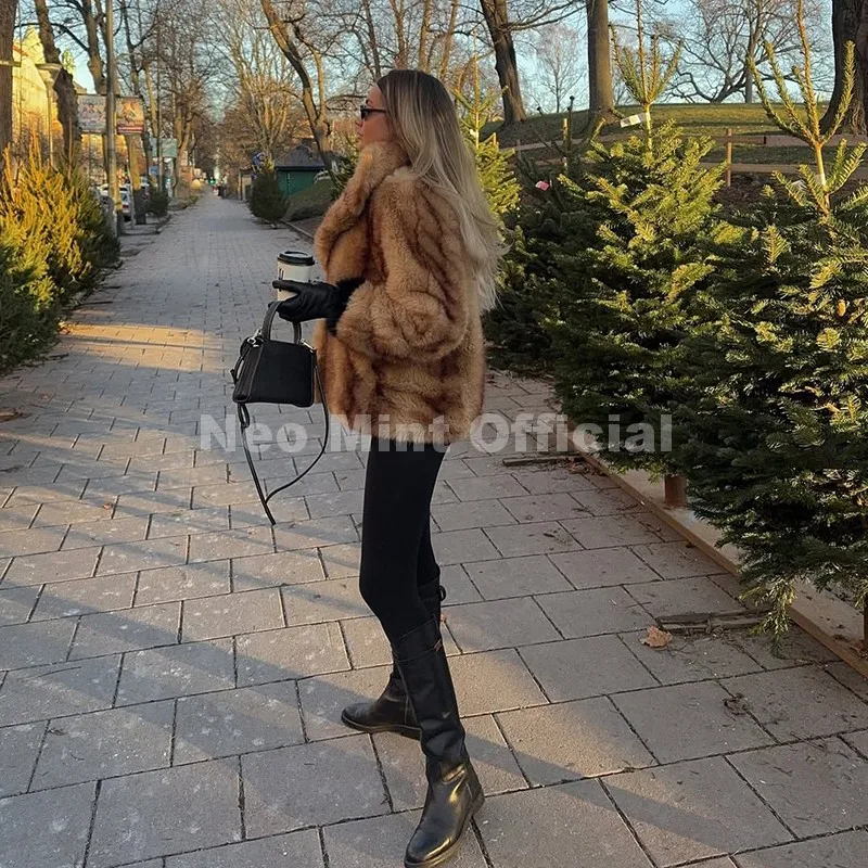 Neo Mint Luxury Brand Fashion Women Yellow Striped Faux Fur Jacket Coat Chic Girls 2025 Winter Oversized Warm Outerwear Overcoat