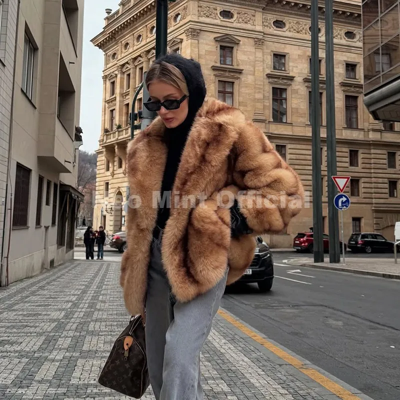 Neo Mint Luxury Brand Fashion Women Yellow Striped Faux Fur Jacket Coat Chic Girls 2025 Winter Oversized Warm Outerwear Overcoat