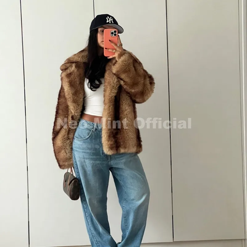 Neo Mint Luxury Brand Fashion Women Yellow Striped Faux Fur Jacket Coat Chic Girls 2025 Winter Oversized Warm Outerwear Overcoat