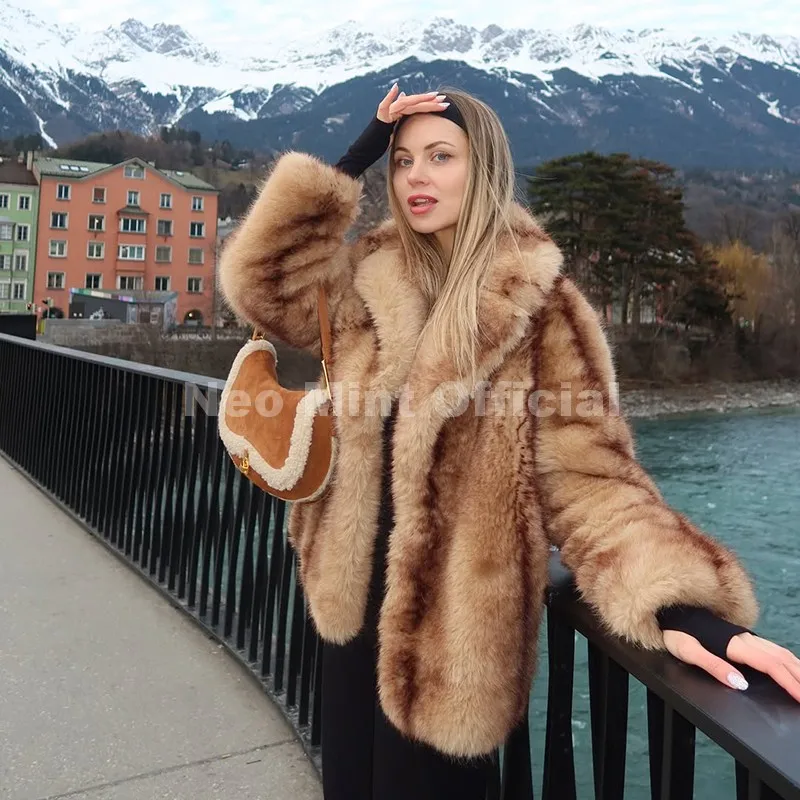 Neo Mint Luxury Brand Fashion Women Yellow Striped Faux Fur Jacket Coat Chic Girls 2025 Winter Oversized Warm Outerwear Overcoat