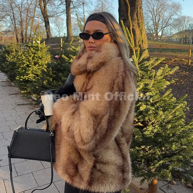 Neo Mint Luxury Brand Fashion Women Yellow Striped Faux Fur Jacket Coat Chic Girls 2025 Winter Oversized Warm Outerwear Overcoat