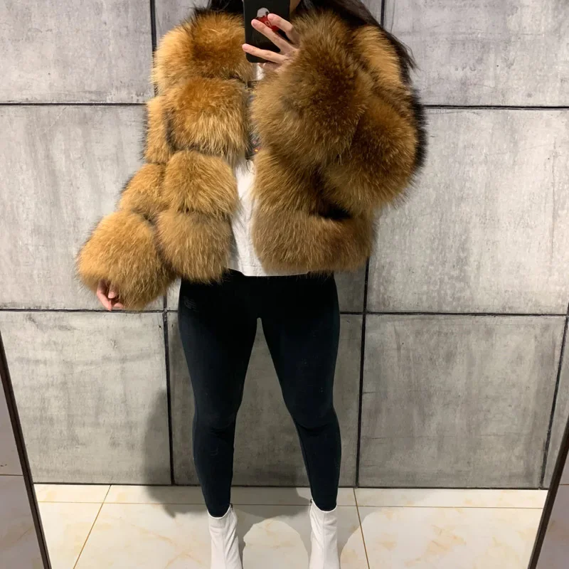 Asian Size Women Fake Raccoon Fur Jacket Autumn Winter Faux Fur Fox Coats Short Coat Furry Outerwear Elegant Thick Warm Coats