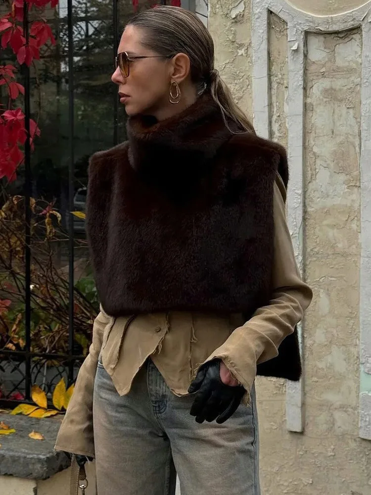 Mumaroho 2026 Winter Spring Women Faux Fur Sable Vest Crop Top Solid Turtleneck Eco Mink Faux Fur Tank Tops Pullover Jacket