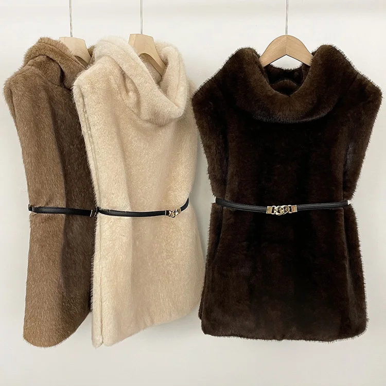 Mumaroho 2026 Winter Spring Women Faux Fur Sable Vest Crop Top Solid Turtleneck Eco Mink Faux Fur Tank Tops Pullover Jacket