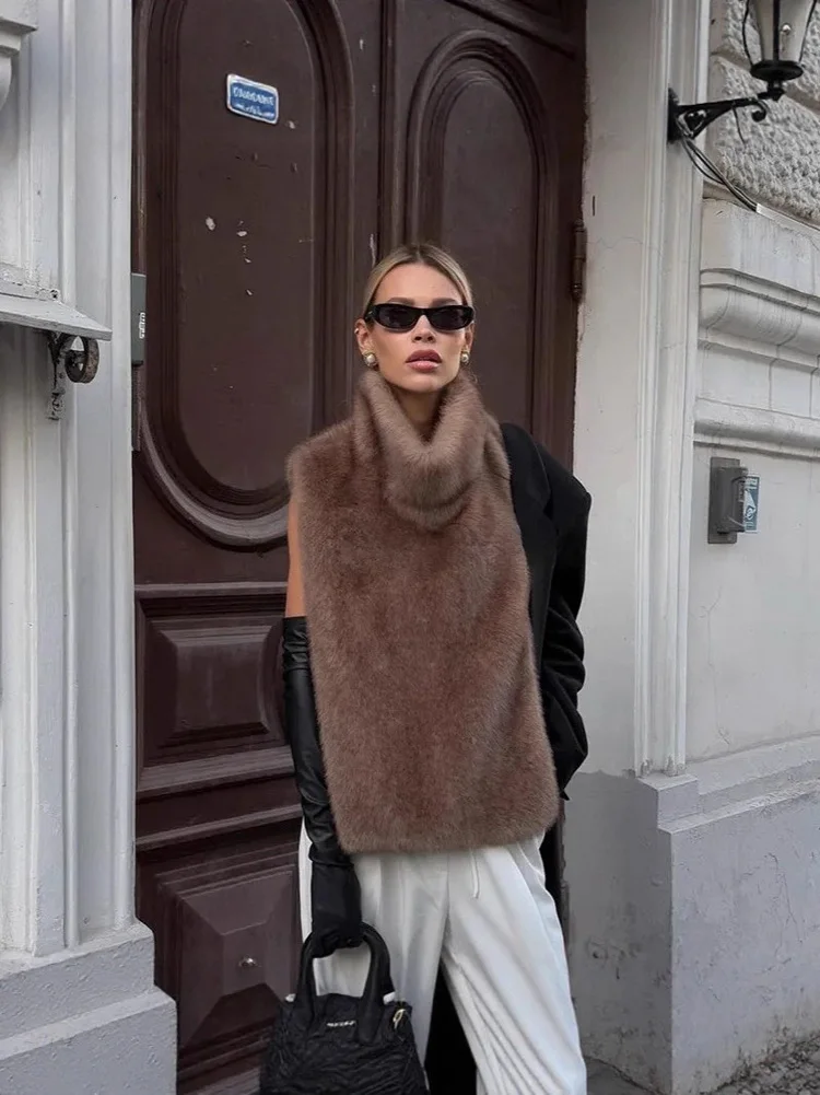 Mumaroho 2026 Winter Spring Women Faux Fur Sable Vest Crop Top Solid Turtleneck Eco Mink Faux Fur Tank Tops Pullover Jacket