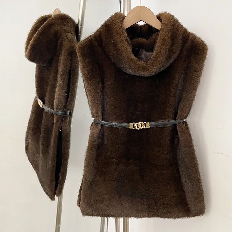 Mumaroho 2026 Winter Spring Women Faux Fur Sable Vest Crop Top Solid Turtleneck Eco Mink Faux Fur Tank Tops Pullover Jacket