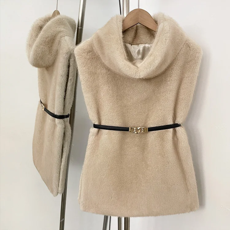 Mumaroho 2026 Winter Spring Women Faux Fur Sable Vest Crop Top Solid Turtleneck Eco Mink Faux Fur Tank Tops Pullover Jacket