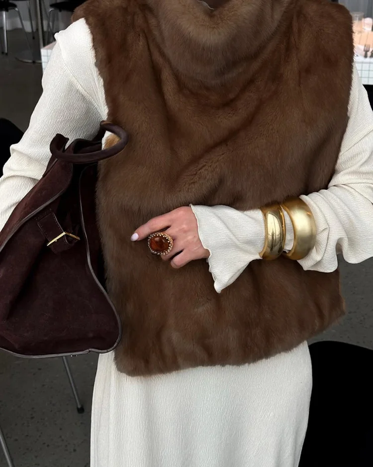 Mumaroho 2026 Winter Spring Women Faux Fur Sable Vest Crop Top Solid Turtleneck Eco Mink Faux Fur Tank Tops Pullover Jacket