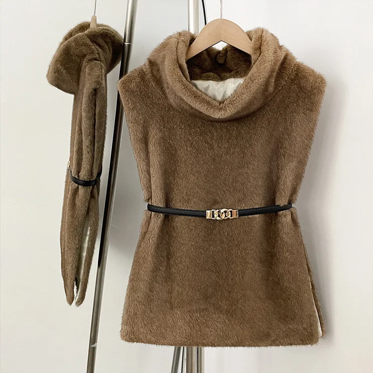 Mumaroho 2026 Winter Spring Women Faux Fur Sable Vest Crop Top Solid Turtleneck Eco Mink Faux Fur Tank Tops Pullover Jacket