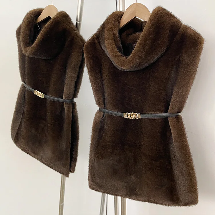 Mumaroho 2026 Winter Spring Women Faux Fur Sable Vest Crop Top Solid Turtleneck Eco Mink Faux Fur Tank Tops Pullover Jacket