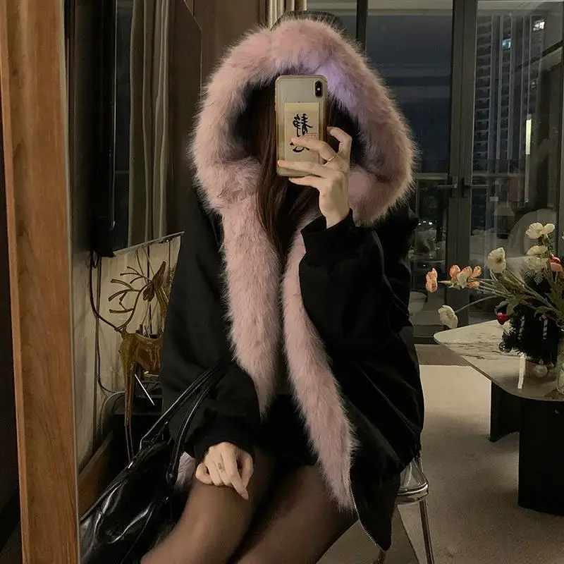 Double-Sided Warm Fur Coat Women Autumn Winter Loose Thicken Plush Cotton Coat 2025 New Women Hooded Imitation Mink Fur Outwear