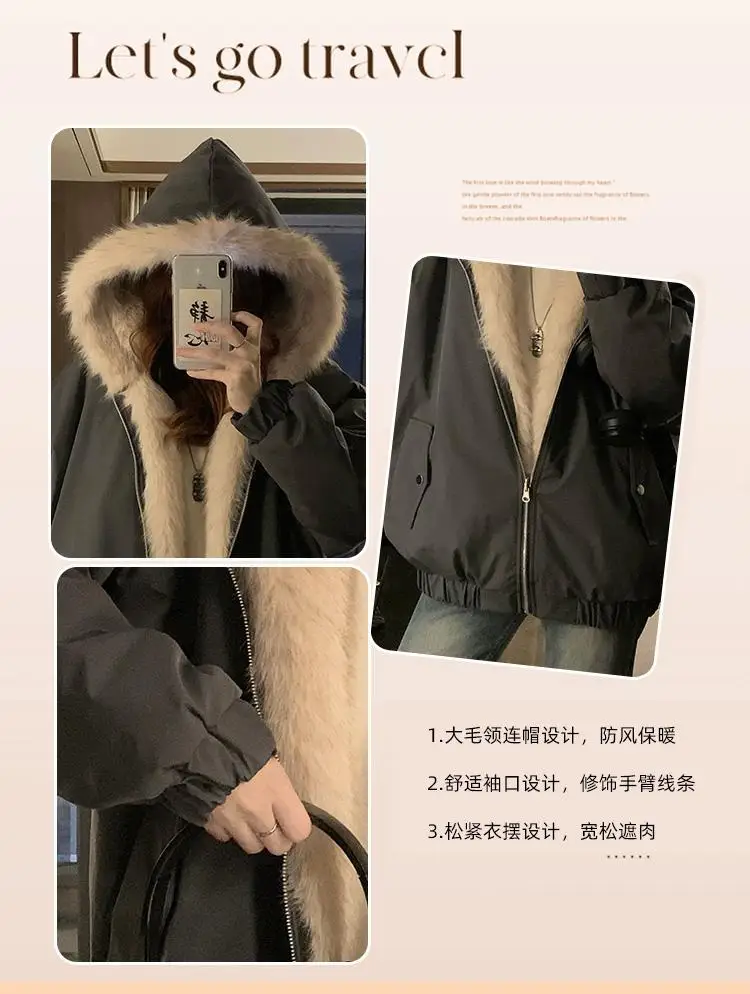 Double-Sided Warm Fur Coat Women Autumn Winter Loose Thicken Plush Cotton Coat 2025 New Women Hooded Imitation Mink Fur Outwear