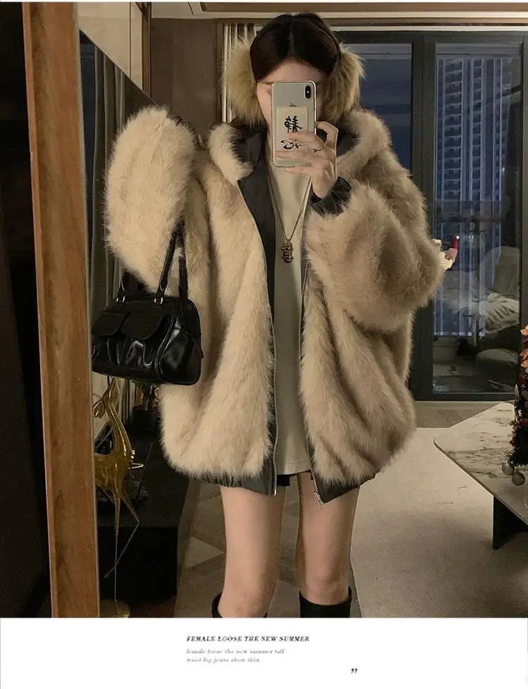 Double-Sided Warm Fur Coat Women Autumn Winter Loose Thicken Plush Cotton Coat 2025 New Women Hooded Imitation Mink Fur Outwear