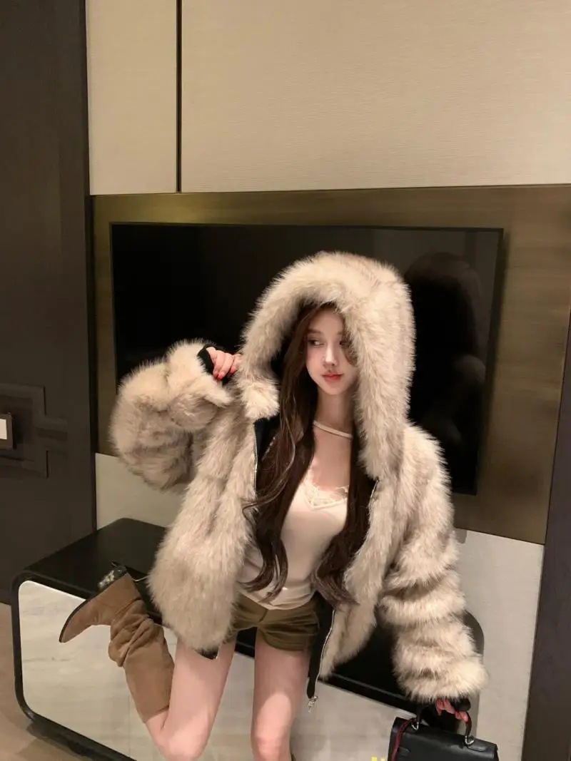 Double-Sided Warm Fur Coat Women Autumn Winter Loose Thicken Plush Cotton Coat 2025 New Women Hooded Imitation Mink Fur Outwear