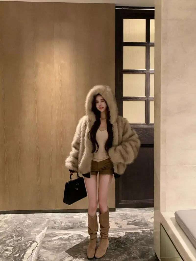 Double-Sided Warm Fur Coat Women Autumn Winter Loose Thicken Plush Cotton Coat 2025 New Women Hooded Imitation Mink Fur Outwear