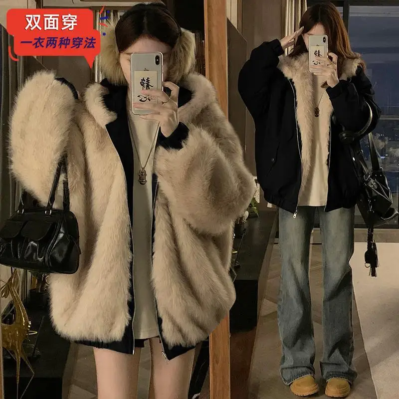 Double-Sided Warm Fur Coat Women Autumn Winter Loose Thicken Plush Cotton Coat 2025 New Women Hooded Imitation Mink Fur Outwear