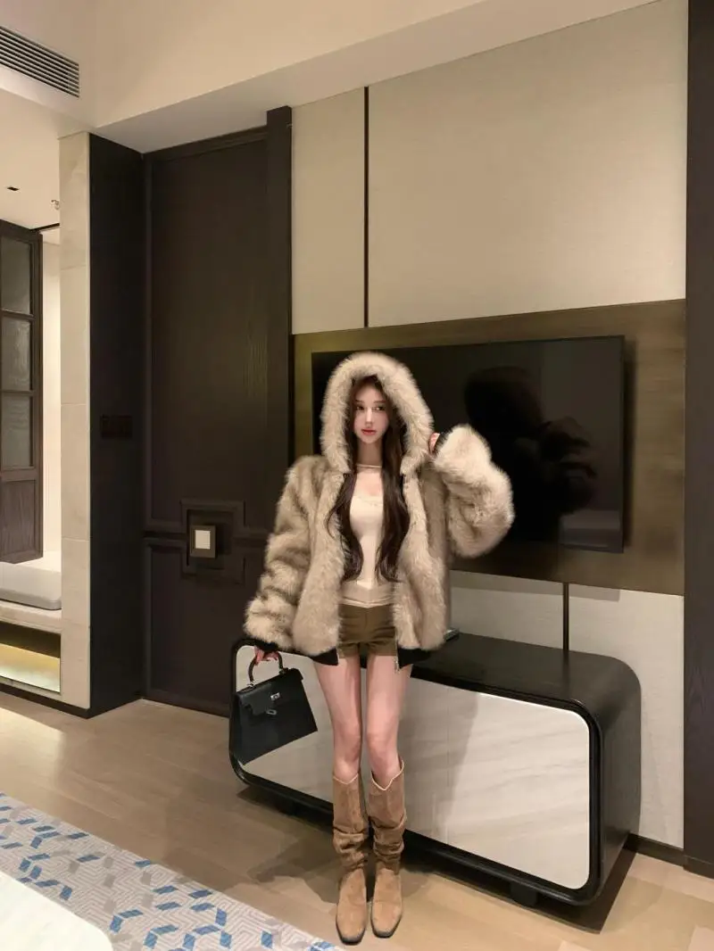 Double-Sided Warm Fur Coat Women Autumn Winter Loose Thicken Plush Cotton Coat 2025 New Women Hooded Imitation Mink Fur Outwear