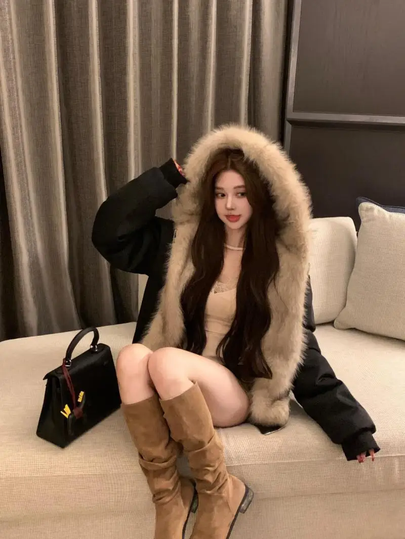 Double-Sided Warm Fur Coat Women Autumn Winter Loose Thicken Plush Cotton Coat 2025 New Women Hooded Imitation Mink Fur Outwear