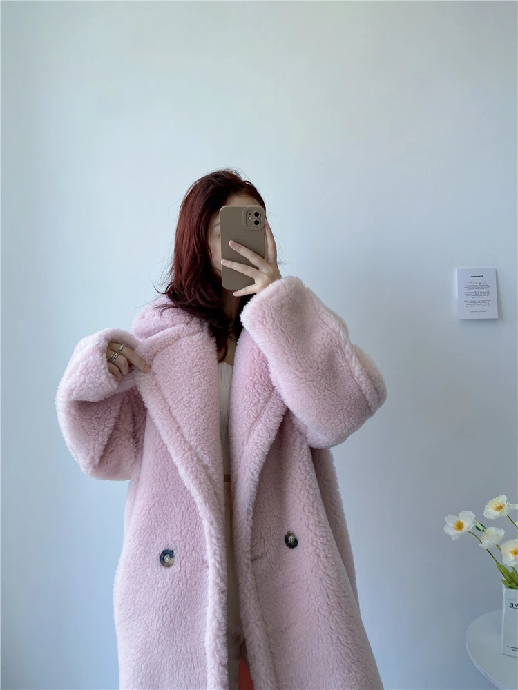 Winter Jacket Women Long Coat Wool Woven Fabric Thick Warm Outerwear Oversize Fashion Streetwear Teddy Bear Coats