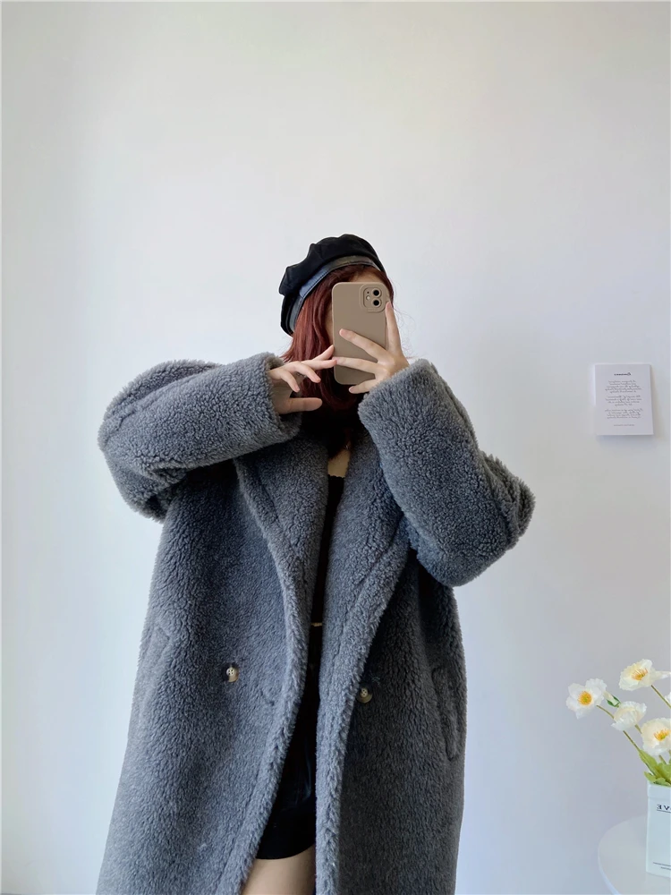 Winter Jacket Women Long Coat Wool Woven Fabric Thick Warm Outerwear Oversize Fashion Streetwear Teddy Bear Coats
