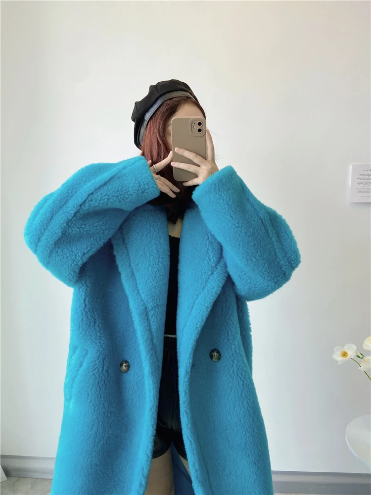 Winter Jacket Women Long Coat Wool Woven Fabric Thick Warm Outerwear Oversize Fashion Streetwear Teddy Bear Coats