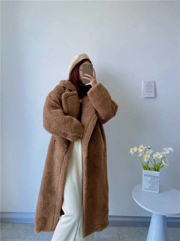 Winter Jacket Women Long Coat Wool Woven Fabric Thick Warm Outerwear Oversize Fashion Streetwear Teddy Bear Coats