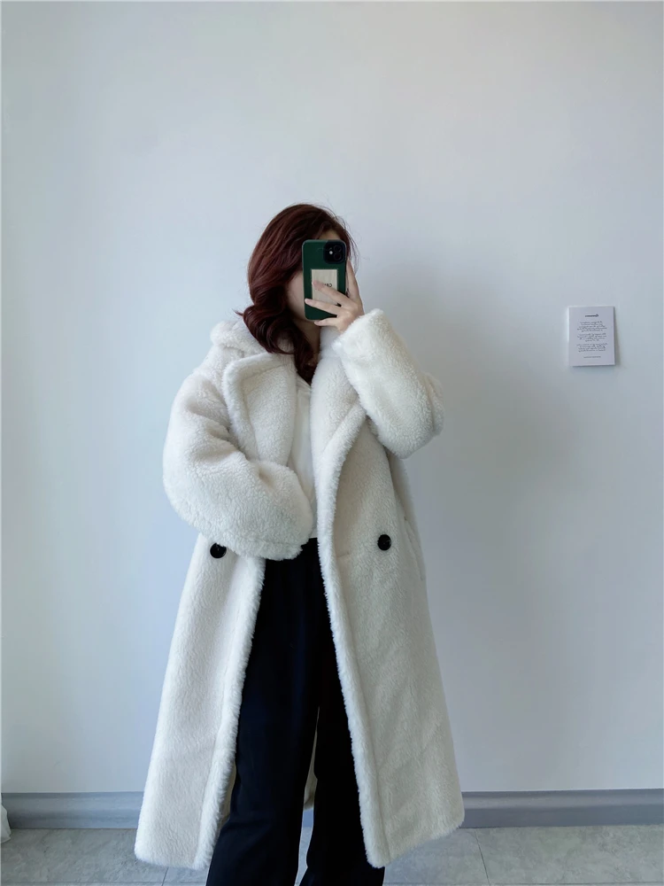 Winter Jacket Women Long Coat Wool Woven Fabric Thick Warm Outerwear Oversize Fashion Streetwear Teddy Bear Coats