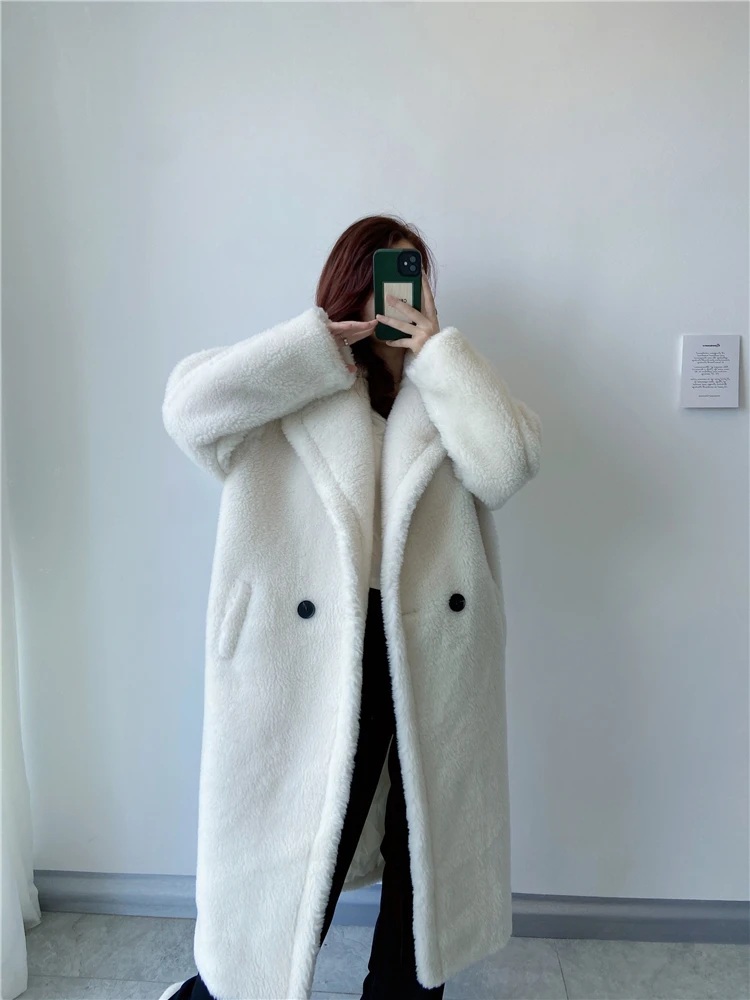 Winter Jacket Women Long Coat Wool Woven Fabric Thick Warm Outerwear Oversize Fashion Streetwear Teddy Bear Coats