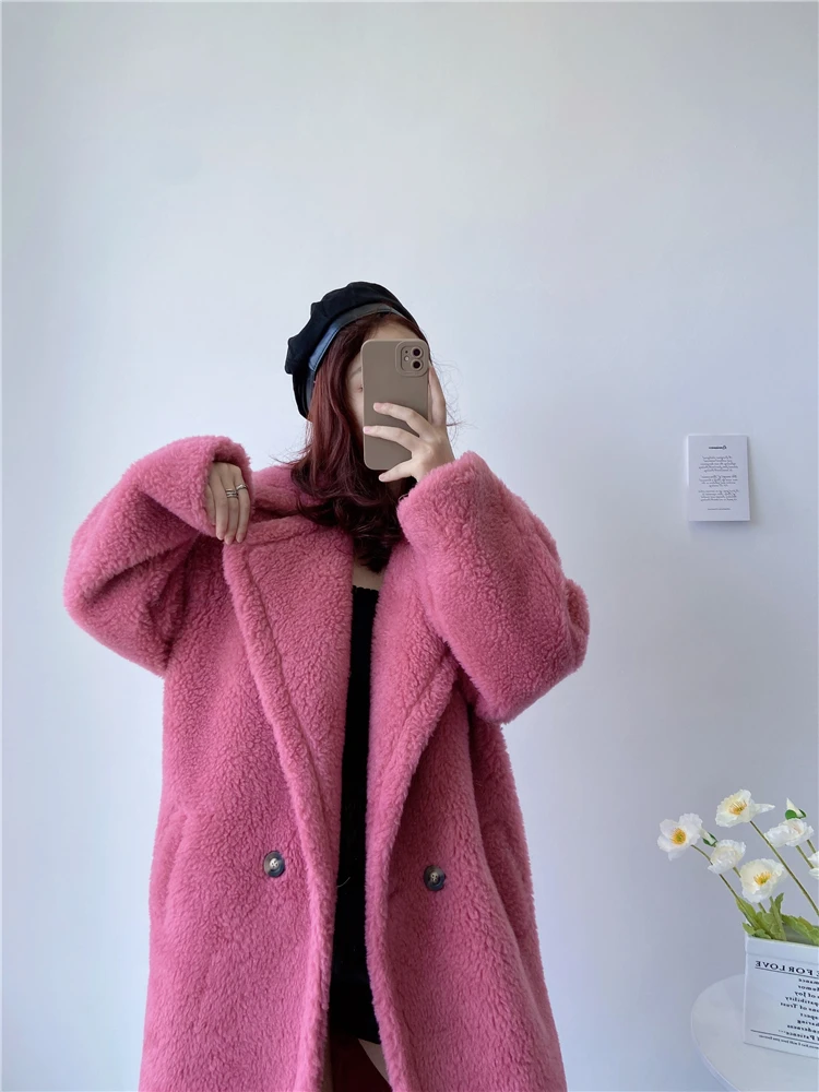 Winter Jacket Women Long Coat Wool Woven Fabric Thick Warm Outerwear Oversize Fashion Streetwear Teddy Bear Coats