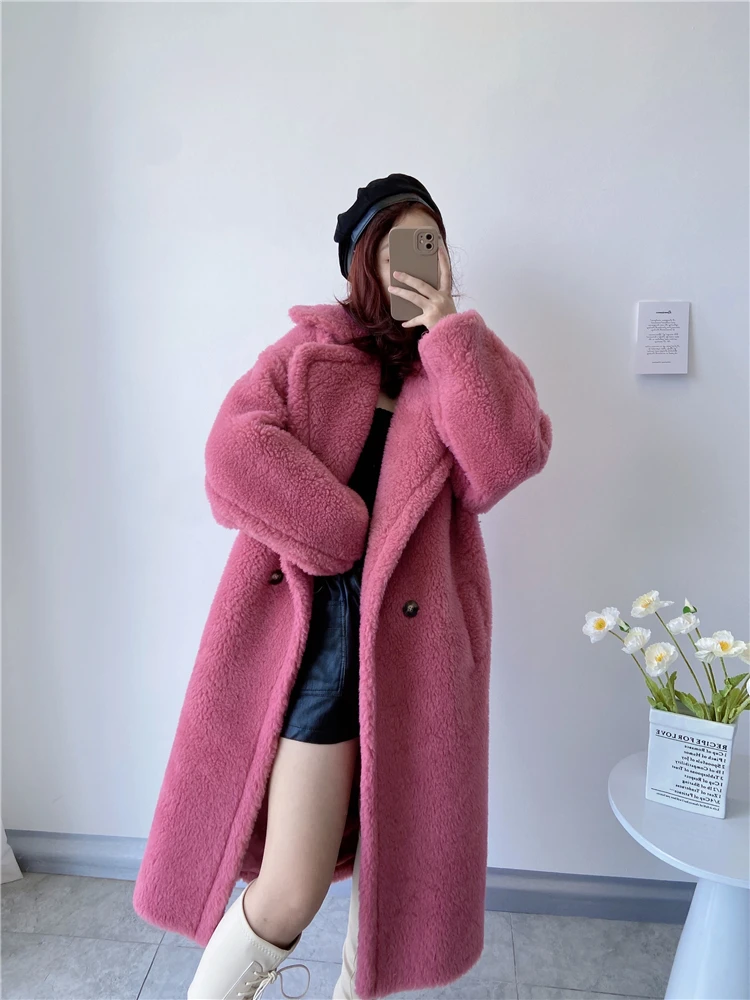 Winter Jacket Women Long Coat Wool Woven Fabric Thick Warm Outerwear Oversize Fashion Streetwear Teddy Bear Coats