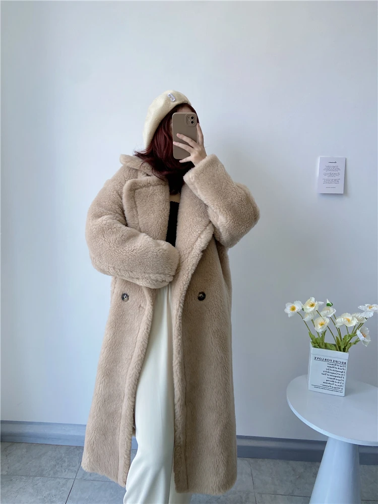 Winter Jacket Women Long Coat Wool Woven Fabric Thick Warm Outerwear Oversize Fashion Streetwear Teddy Bear Coats