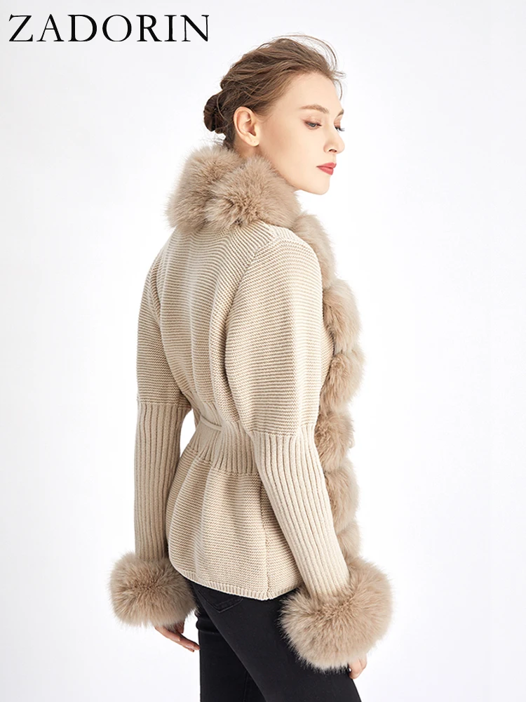 ZADORIN Autumn Winter Women Faux Fur Coat Luxury Knitted Sweater Fur Cardigan Detachable Collar White Pink Jacket Faux Fur Coats