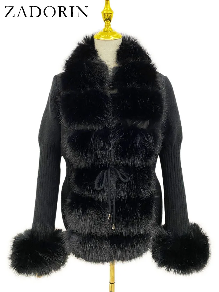 ZADORIN Autumn Winter Women Faux Fur Coat Luxury Knitted Sweater Fur Cardigan Detachable Collar White Pink Jacket Faux Fur Coats