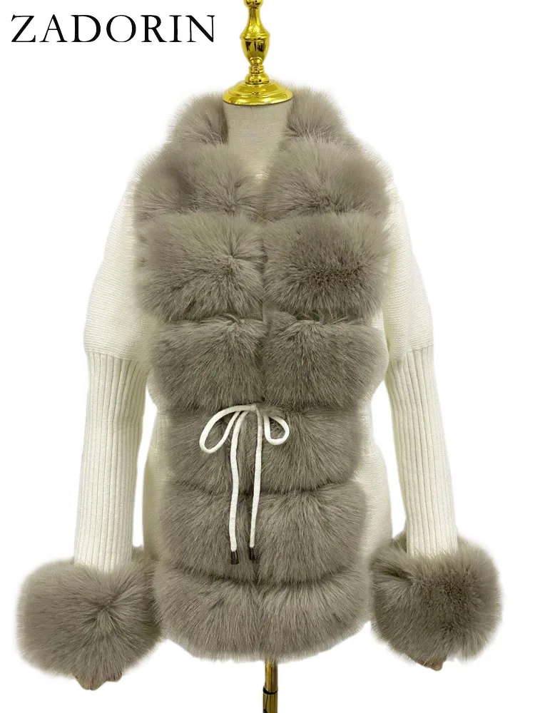 ZADORIN Autumn Winter Women Faux Fur Coat Luxury Knitted Sweater Fur Cardigan Detachable Collar White Pink Jacket Faux Fur Coats