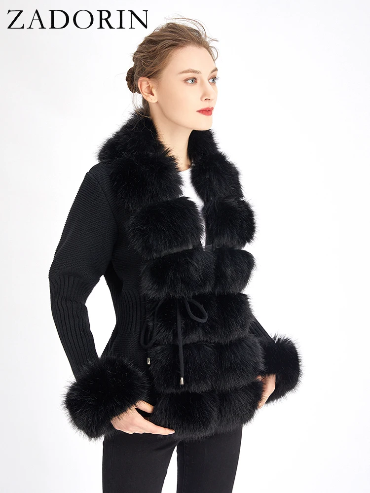 ZADORIN Autumn Winter Women Faux Fur Coat Luxury Knitted Sweater Fur Cardigan Detachable Collar White Pink Jacket Faux Fur Coats