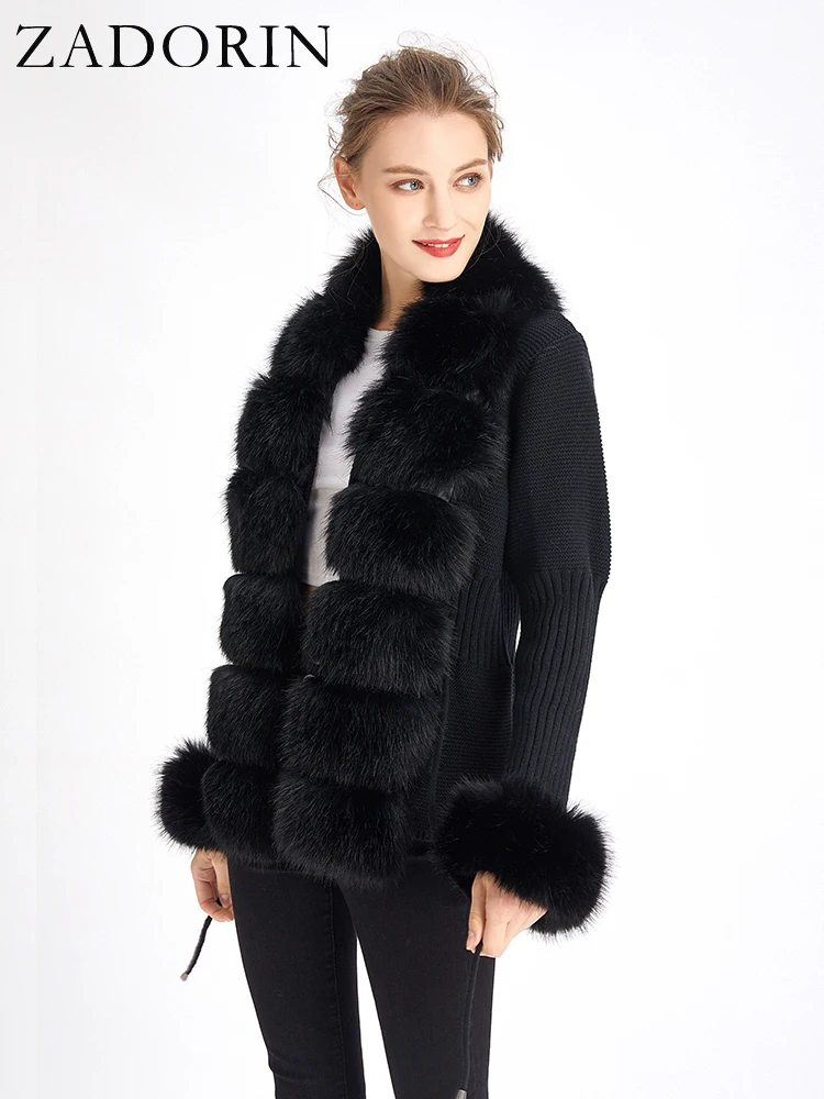 ZADORIN Autumn Winter Women Faux Fur Coat Luxury Knitted Sweater Fur Cardigan Detachable Collar White Pink Jacket Faux Fur Coats