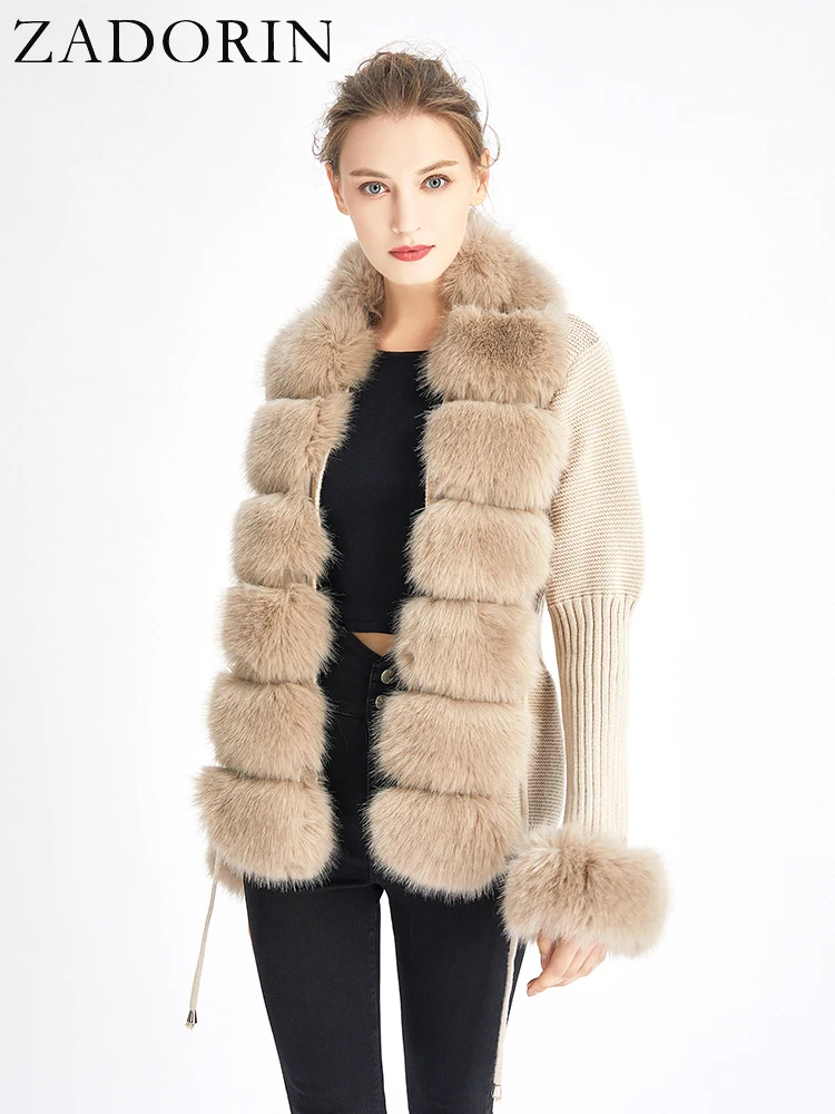 ZADORIN Autumn Winter Women Faux Fur Coat Luxury Knitted Sweater Fur Cardigan Detachable Collar White Pink Jacket Faux Fur Coats