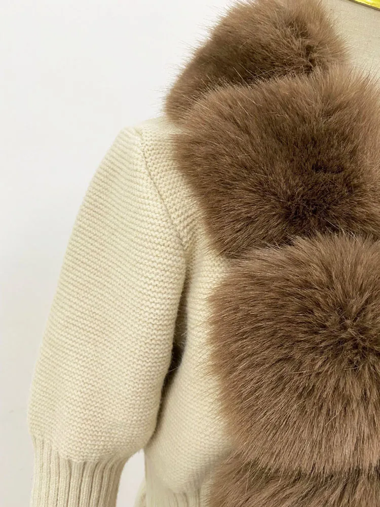 ZADORIN Autumn Winter Women Faux Fur Coat Luxury Knitted Sweater Fur Cardigan Detachable Collar White Pink Jacket Faux Fur Coats