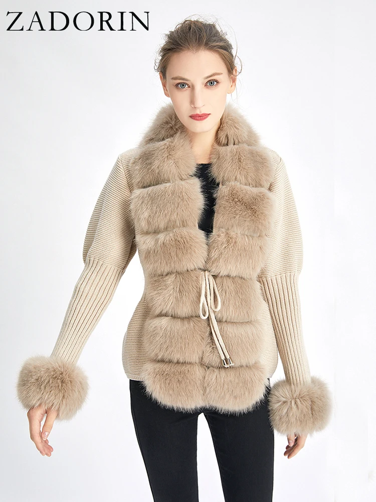 ZADORIN Autumn Winter Women Faux Fur Coat Luxury Knitted Sweater Fur Cardigan Detachable Collar White Pink Jacket Faux Fur Coats